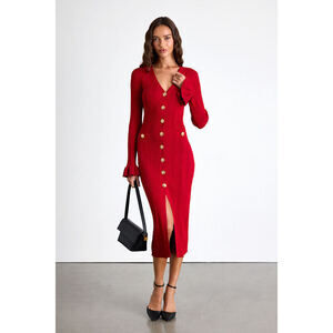 Lulu's Red Midi Dress with Gold Buttons